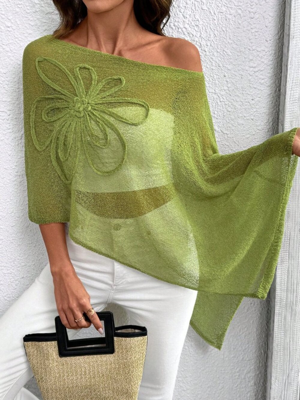 Green Casual Women's Plus Size Asymmetric Hem Design Poncho Style Knit Top - Picture 5 of 7